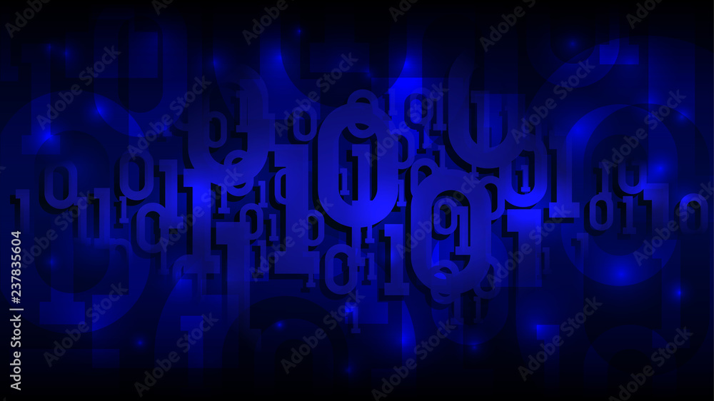 Poster binary matrix code on a dark blue background, shadow digital code in abstract futuristic cyberspace,