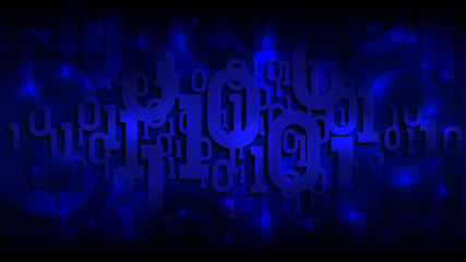 Binary matrix code on a dark blue background, shadow digital code in abstract futuristic cyberspace, artificial intelligence, vector illustration