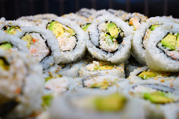 Bowl of California roll sushi with surimi imitation crab and avocado