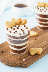 Chocolate brownie trifle dessert. Valentine's day breakfast.