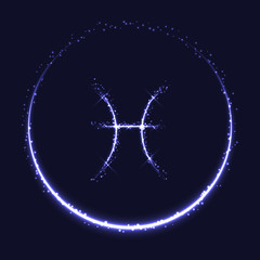 Astrological symbol of Pisces. Abstract vector shiny western Zodiac Horoscope sign and crescent moon on dark blue background.