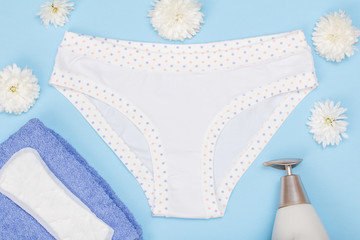 Beautiful women's panties with a sanitary napkin and towel on blue background.