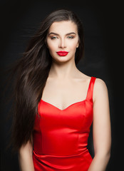 Glamorous jewelry model. Perfect brunette woman with red lips makeup and diamond necklace
