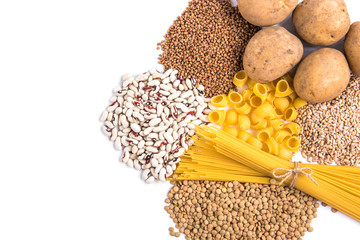 Carbohydrates of , potatoes and groats. Pasta, lentil, buckwheat, wheat and bean.