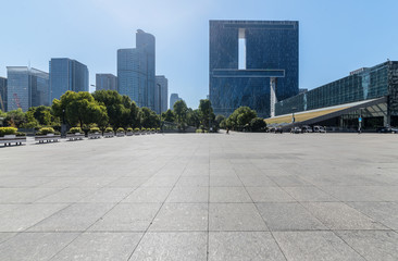 Panoramic skyline and buildings with empty concrete square floor，Qianjiang New Town，hangzhou,china