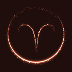 Astrological symbol of Aries. Abstract vector shiny western Zodiac Horoscope sign and crescent moon on dark red background.