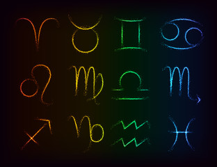Vector set of shiny western Zodiac Horoscope signs on rainbow background. Astrological symbols of Aries, Taurus, Gemini, Cancer, Leo, Virgo, Libra, Scorpio, Sagittarius, Capricorn, Aquarius, Pisces.