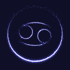 Astrological symbol of Cancer. Abstract vector shiny western Zodiac Horoscope sign and crescent moon on dark blue background.