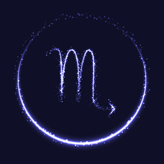 Astrological symbol of Scorpio. Abstract vector shiny western Zodiac Horoscope sign and crescent moon on dark blue background.