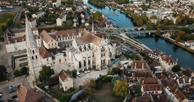 Aerial view of Auxerre cityscape with Abbey of Saint-Germain, Burgundy, France