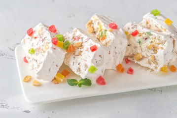 White nougat with fresh mint leaves