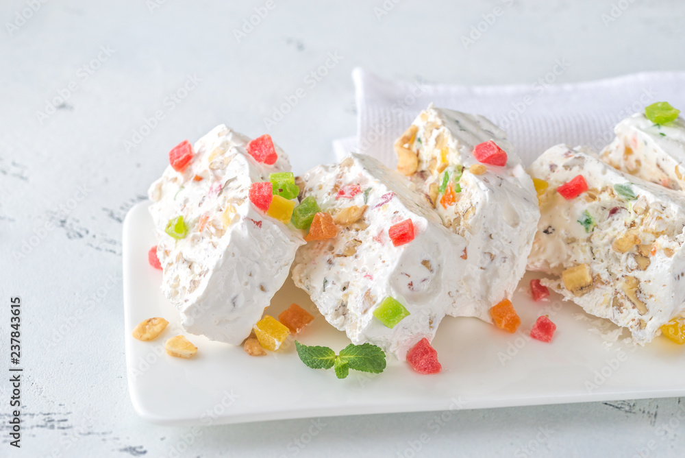 Poster White nougat with fresh mint leaves