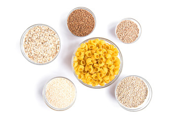 Carbohydrates of , potatoes and groats. Pasta, lentil, buckwheat, wheat and bean.