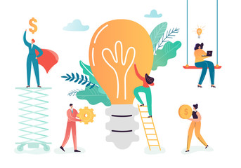 Business Characters Team Working on Creative Idea. Teamwork Innovations Concept. Brainstorming Process with Business People and Light Bulb. Vector illustration