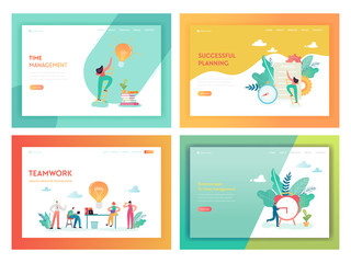Fototapeta na wymiar Teamwork Time Management Landing Page Template. Business Planning Strategy Concept with Characters Working on Creative Idea for Website or Web Page. Vector illustration
