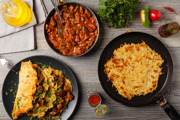 Hungarian potato pancake with goulash