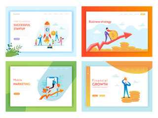 Financial Investment Business Success Landing Page Template. Mobile Marketing Startup Strategy Concept with Characters and Money for Website or Web Page. Vector illustration