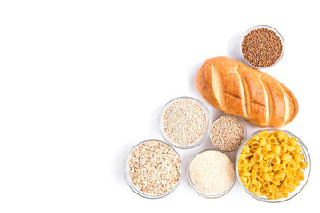 Carbohydrates of loaf and groats. Pasta, lentil, buckwheat, wheat and bean.