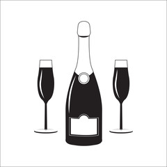Bottle of champagne wine with two glasses. Linear illustration.