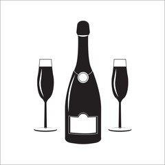 Bottle of champagne wine with two glasses. Linear illustration.