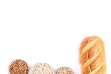 Carbohydrates of loaf and groats. Pasta, lentil, buckwheat, wheat and bean.