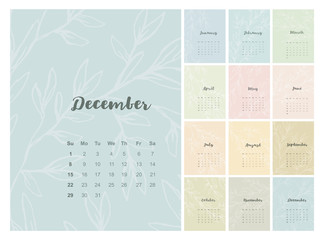Various Background Colors Vector English Calendar. 2019 Year. Pastel Colors. Delicate Abstract Floral Pink, Blue, Green and Yellow Design. Single Month Cards.