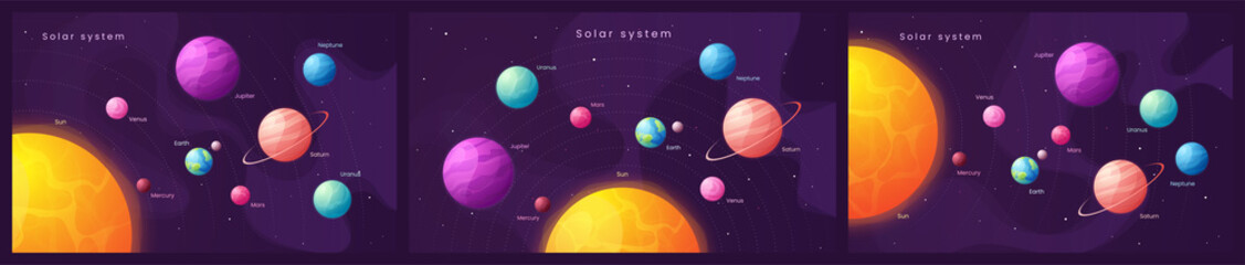 The Solar system. Set of colorful cartoon infographic background © rikkyal