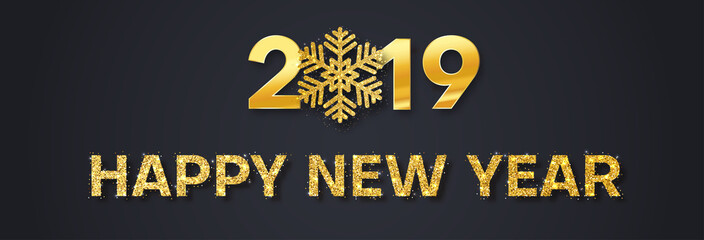 Happy New Year 2019 festive banner with golden shiny snowflake.