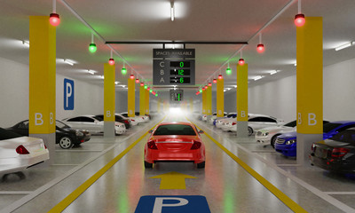 Smart Parking lot Guidance System with Overhead Indicators, Intelligent sensors assist control/monitor, Efficient management, 3D Rendering © Akarat Phasura