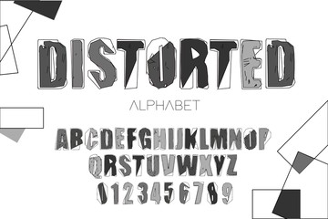  Distorted stylized font and alphabet.