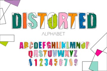  Distorted stylized font and alphabet.