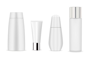 White cosmetic bottle mockup pack. Different package: bottles, tube, flacon for gel, soap, shampoo for hygiene. 3d realistic vector set in plastic material.