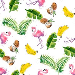 Seamless pattern with tropical leaves, coconuts, bananas and flamingos.
