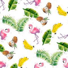 Obraz premium Seamless pattern with tropical leaves, coconuts, bananas and flamingos.