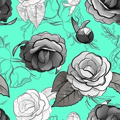 Elegance seamless flower pattern on blue background, vector illustration.