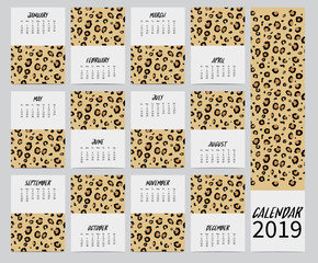 Brown yellow monthly calendar 2019 with leopard skin.Can be used for web,banner,poster,label and printable