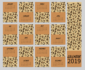 Brown yellow monthly calendar 2019 with leopard skin.Can be used for web,banner,poster,label and printable