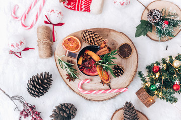 flat lay mulled wine with christmas gifts. Holiday background 2019