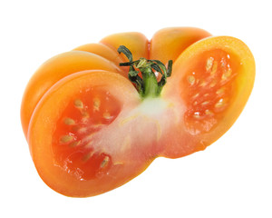 Italian flat red tomato longitudinal section isolated on white background