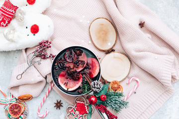 Mulled wine. Christmas concept. Top view