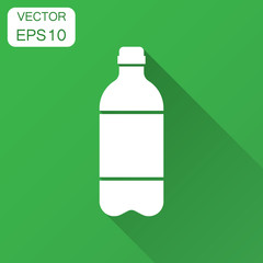 Water bottle icon in flat style. Plastic soda bottle vector illustration with long shadow. Liquid water business concept.
