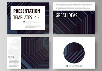 Business templates for presentation slides. Vector layouts in flat style. Abstract polygonal background with hexagons, illusion of depth. Black color geometric design, hexagonal geometry.
