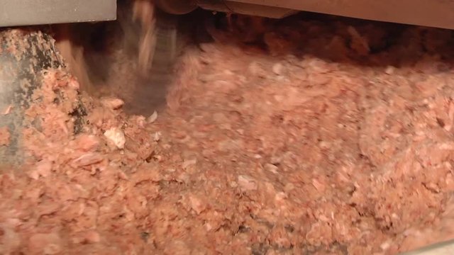 Processing lard or meat in minced meat on a huge meat grinder at a meat factory closeup. KUTTER FOR MEAT. Fine grinding of soft meat raw materials. Meat processing equipment. 