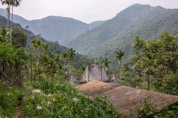 Tropical landscape with a church in Nongriat village in  state of Meghalaya, India