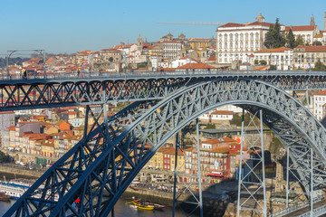 View of the historic city center with the famous ponte Dom Luis bridge in Porto, Portugal