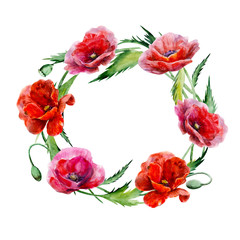 Wreath of poppy flowers. Hand drawn watercolor illustration. Round form red colors floral elements for design isolated on white background. For wedding invitations, greeting cards, datings.
