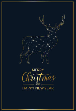 Merry Christmas and happy new year - hand lettering vector card. Calligraphy gold holiday  inscription with gold christmas deer.