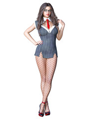 Fototapeta premium Long-haired sexy brunette secretary in black pantyhose. Beautiful girl with glasses standing sexually explicit pose. Realistic 3D rendering isolate illustration.