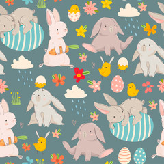 Happy Easter! Various eggs, bunnies and chicks. Hand drawn colored vector seamless pattern. Dark background