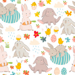 Happy Easter! Various eggs, bunnies and chicks. Hand drawn colored vector seamless pattern